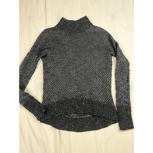 Theory Wool Blend Mock Neck Marled Knit Sweater Black White High Low Hem